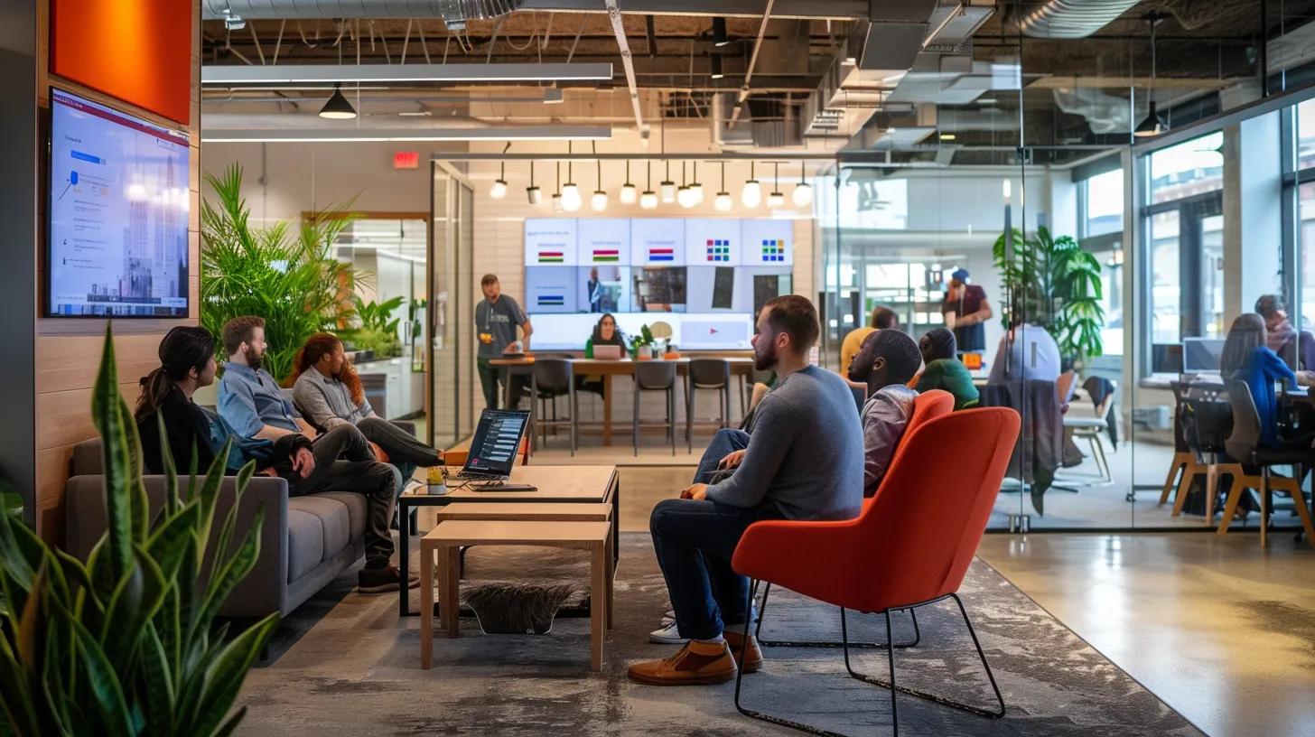 a bustling non-profit office setting showcases a diverse team of professionals engaged in a strategy meeting, surrounded by vibrant digital displays illustrating google ads analytics and campaign successes, highlighting the impactful potential of google ad grants.