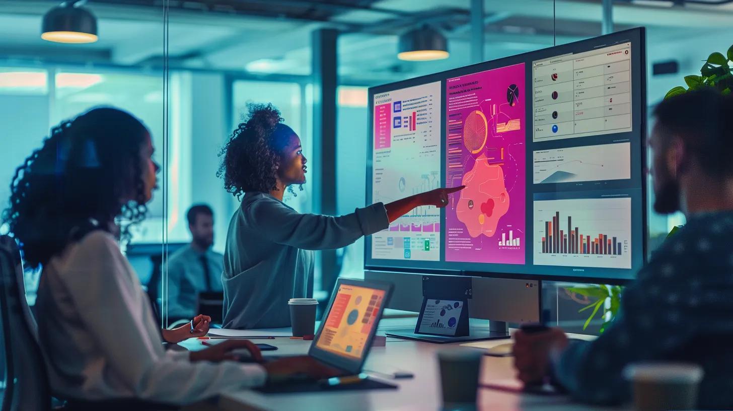 a dynamic office environment showcases a diverse team of marketing professionals analysing data on large screens, symbolising the synergy between google ad grants and google ads for non-profit outreach and brand visibility.