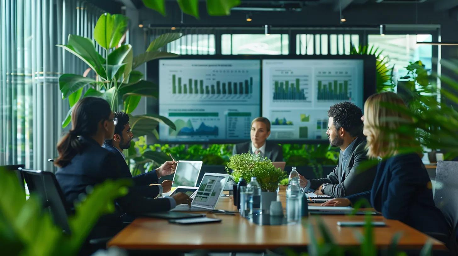 a dynamic office setting showcasing a diverse team of professionals engaged in a strategic meeting, surrounded by digital screens displaying analytics and campaign performance metrics relevant to google ad grants.