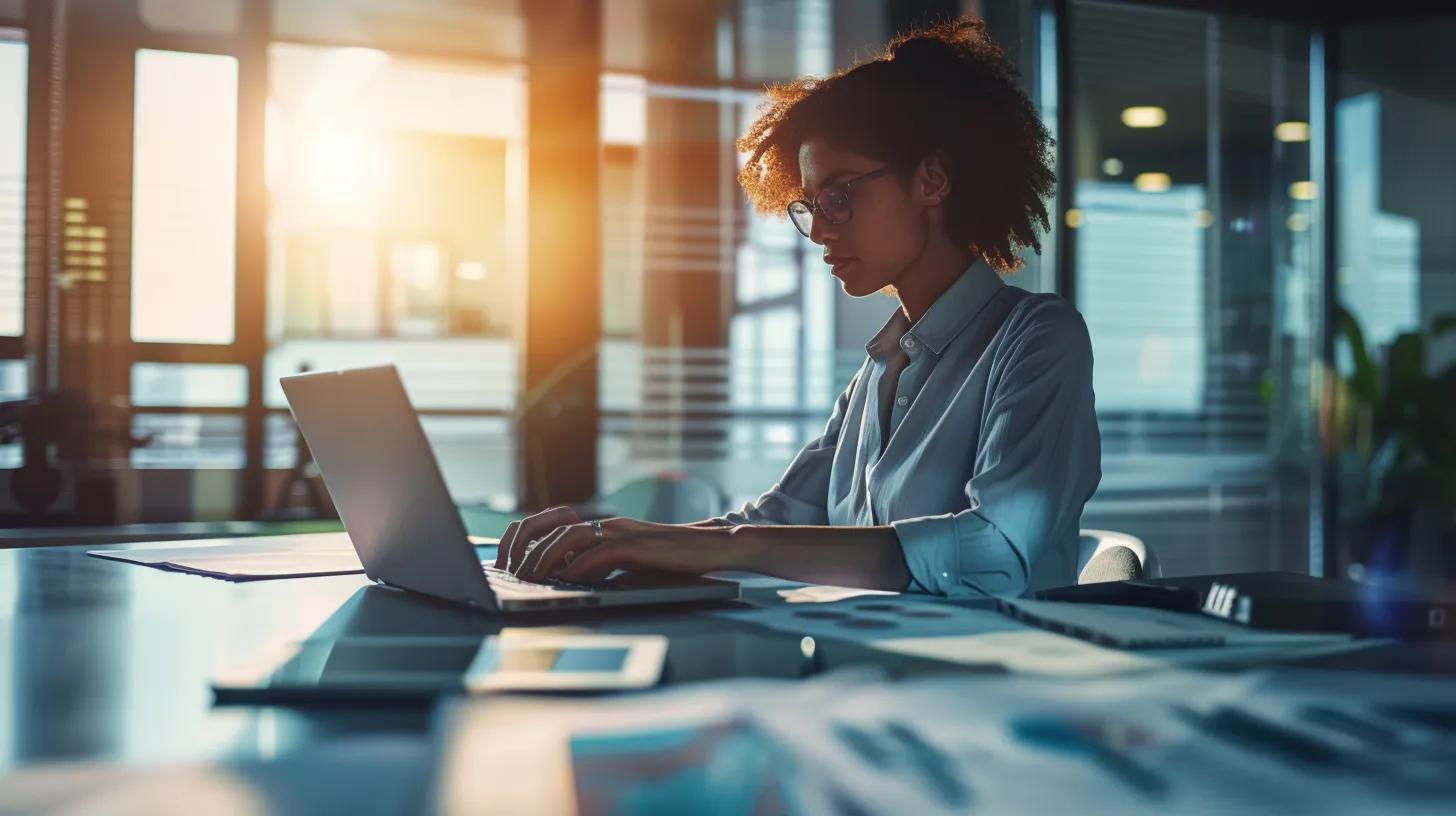 a focused business professional conducts a detailed audit on a laptop within a modern, minimalist office, surrounded by compliance charts and guidelines to illustrate adherence to google ad grants policies.