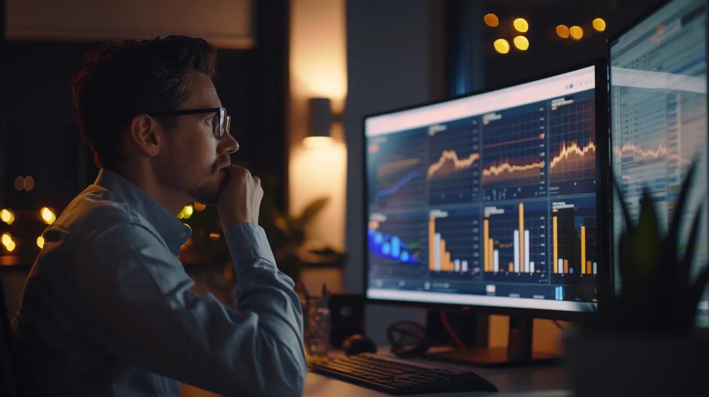 a focused business professional sits at a sleek, modern desk, intently analysing data on multiple screens filled with google ads metrics and optimisation strategies, illuminated by soft, ambient office lighting.