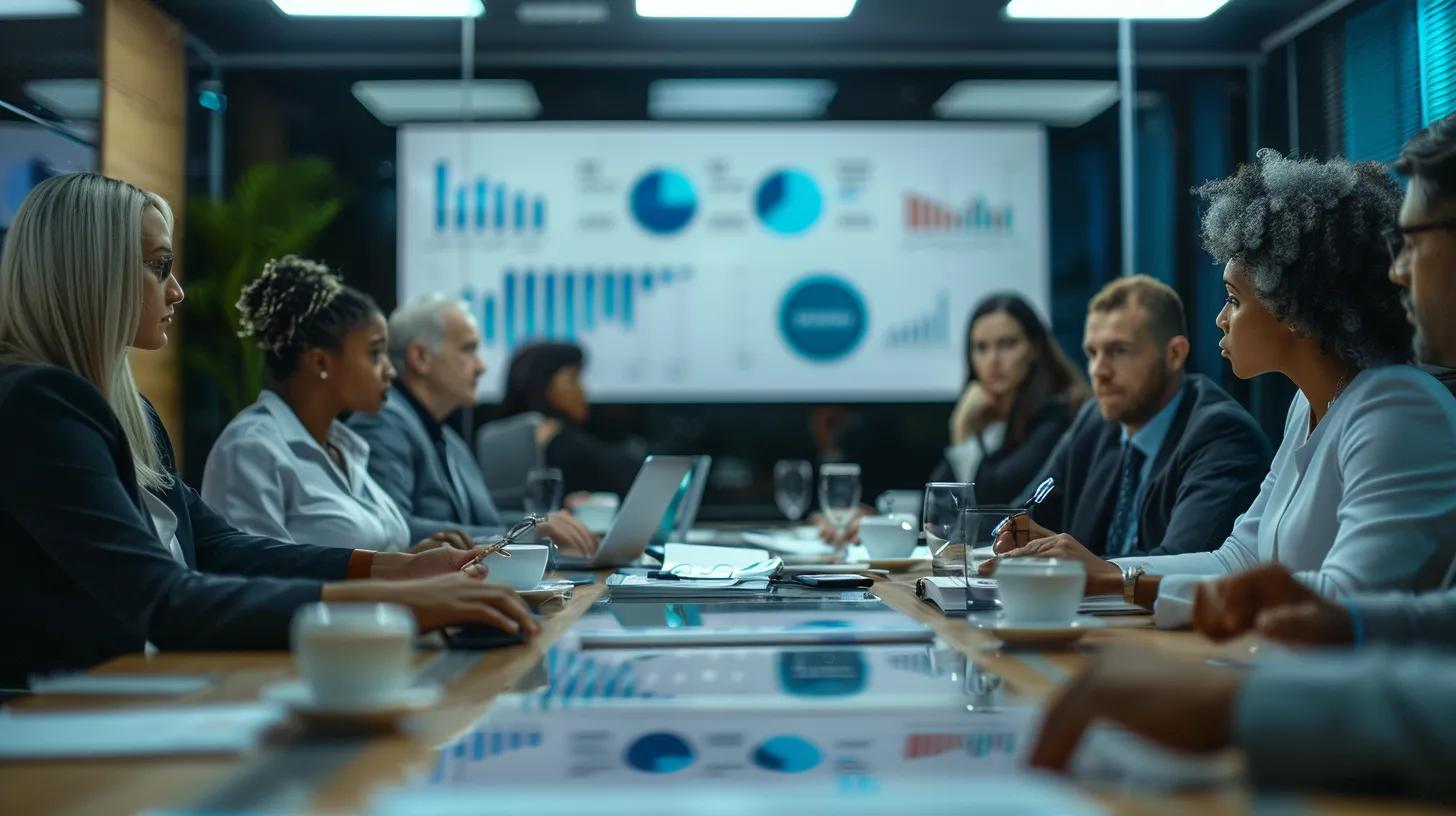 a focused group of diverse professionals seated around a sleek, modern conference table, engaged in a dynamic discussion while analysing graphs and reports on an interactive digital screen, capturing the essence of tackling challenges with google ad grants.
