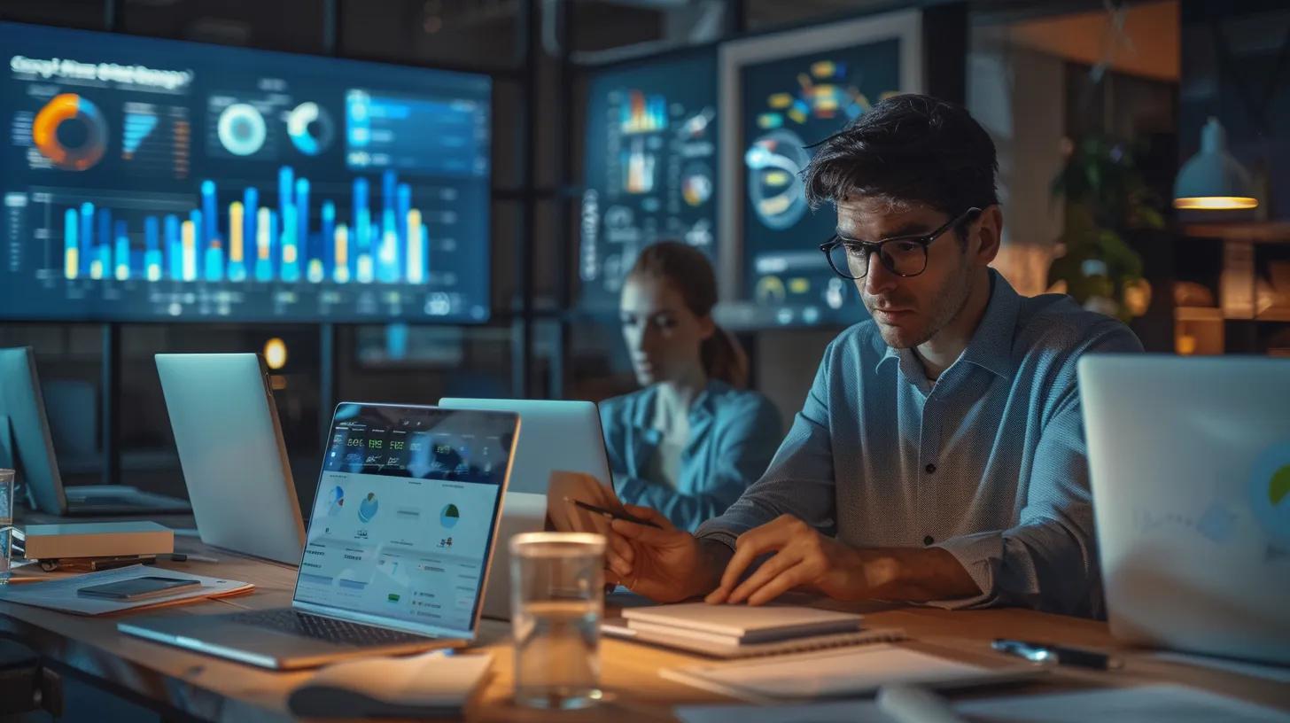 a focused marketing team collaborates in a modern office, analysing data on sleek laptops, surrounded by digital displays showcasing performance metrics, as they strategise to optimise google ad grants campaign effectiveness.