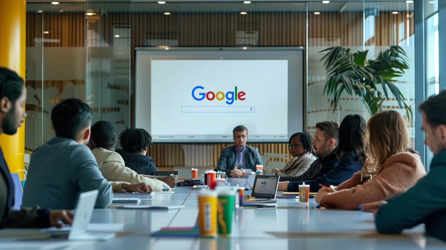 a focused meeting room adorned with a sleek presentation screen displaying the google logo, with a diverse group of professionals attentively discussing eligibility requirements for the google non-profit grant.