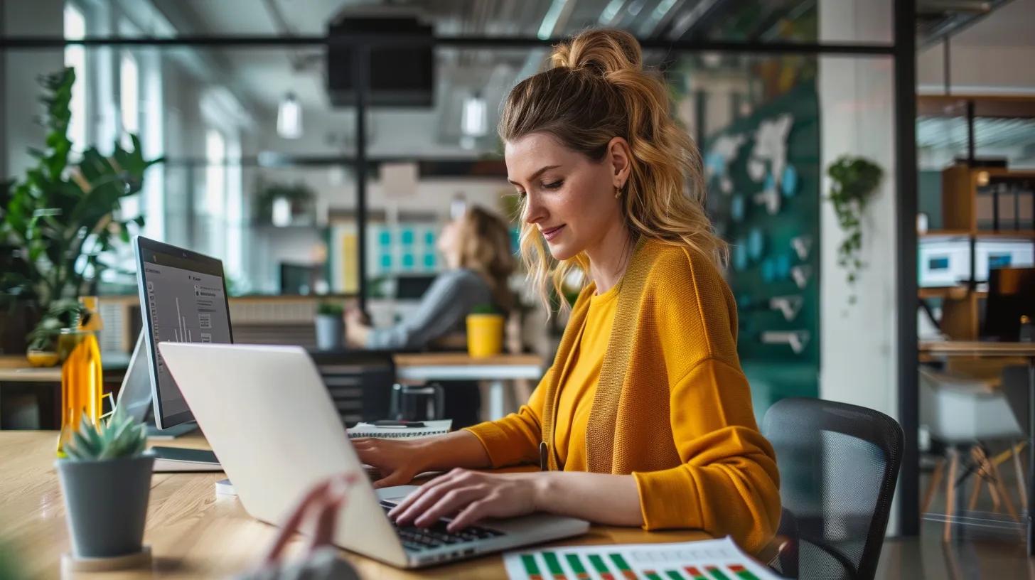 a focused office environment showcases a professional reviewing google ad grants performance metrics on a sleek laptop, surrounded by visual data dashboards and optimisation charts that highlight successful campaign strategies.