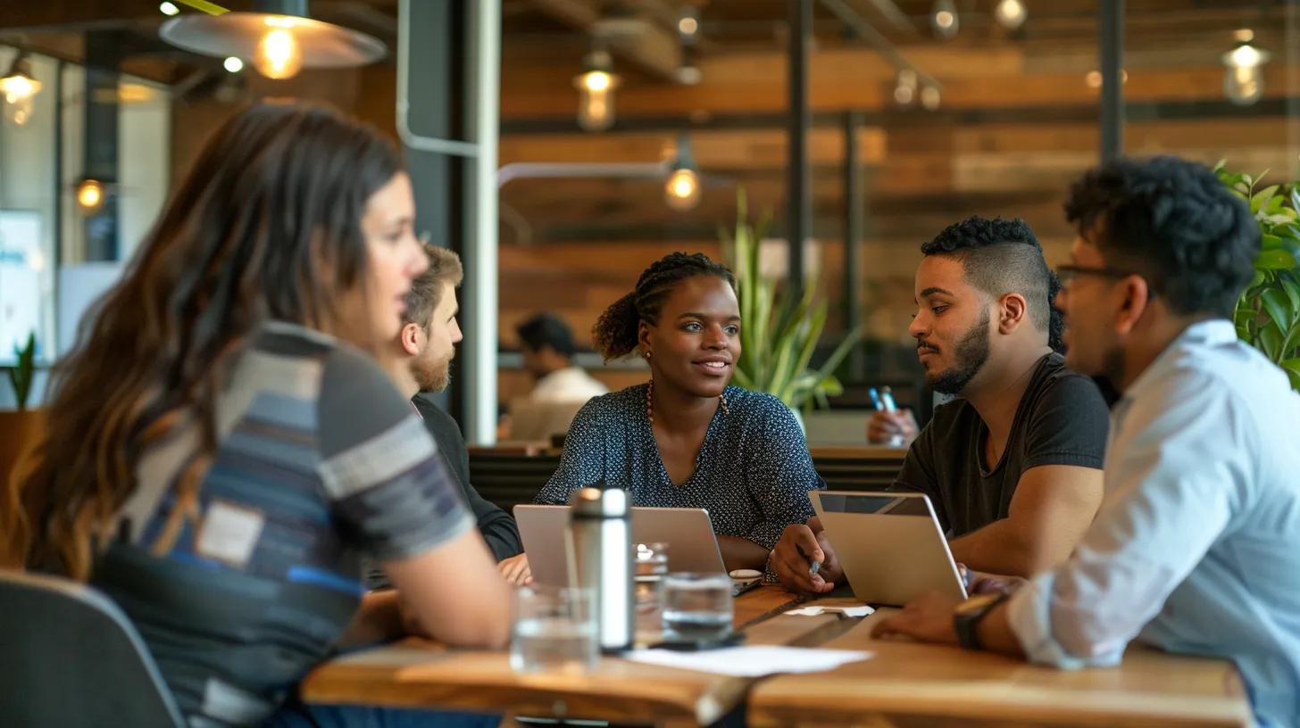 a focused office environment showcases a diverse group of nonprofit professionals engaged in a dynamic discussion around a table, with a laptop displaying the google ad grants eligibility requirements prominently in view.