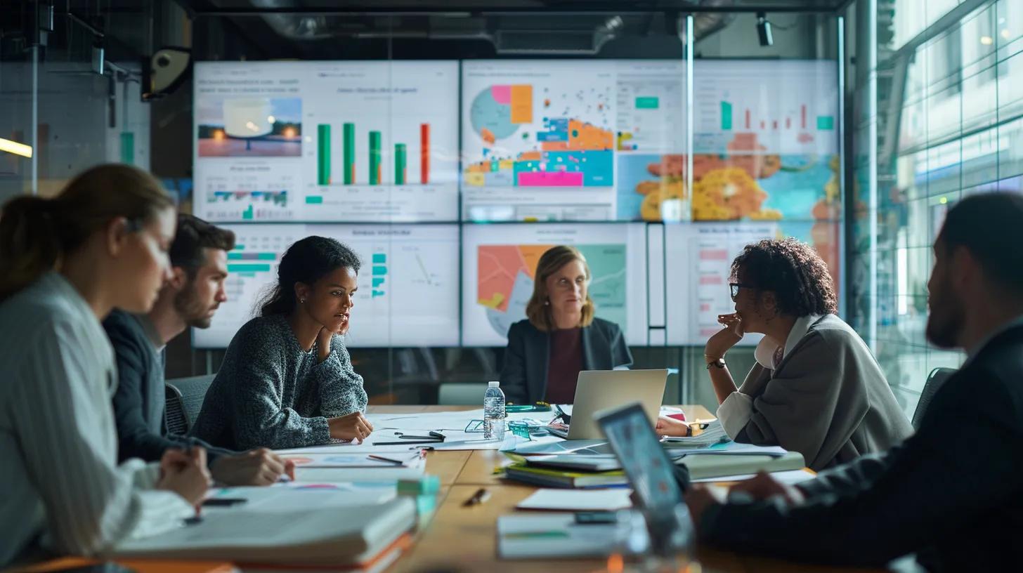 a focused office scene captures a diverse group of passionate non-profit professionals engaged in a lively brainstorming session, surrounded by vibrant charts and digital screens, illustrating the strategic planning for maximising their online presence through the google non-profit grant.