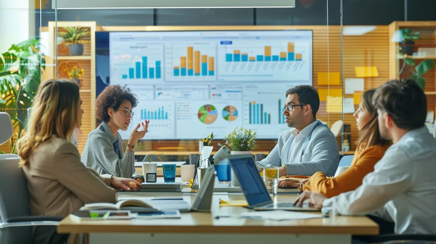 a focused office setting features a diverse team of professionals gathered around a sleek conference table, intensely discussing a digital marketing strategy for non-profits, with analytics charts displayed on a large screen highlighting key challenges of navigating google ad grants.