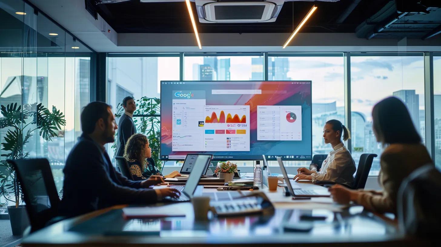 a focused office space showcases a collaborative team reviewing digital plans and documents on laptops, with a large screen displaying google ad grant guidelines in the background, emphasising the strategic preparation for a successful application.