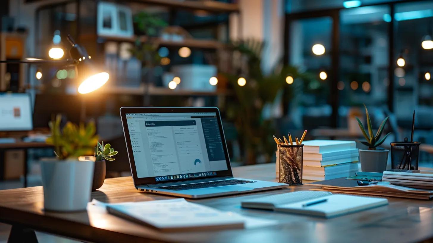 a focused shot of a modern office workspace, featuring a sleek laptop displaying the google ad grants application process on the screen, surrounded by organised stacks of documents and a notepad, illuminated by bright, even artificial light to emphasise productivity.