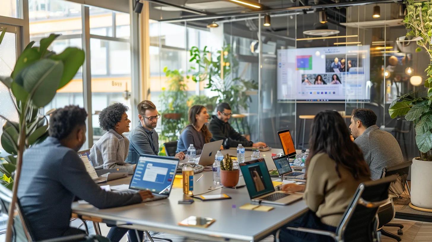 a modern office space is bustling with activity as a diverse group of non-profit professionals gather around a sleek conference table, intently engaging in a video call with a digital marketing expert, their laptops displaying vibrant google ad grants resources on the screens.