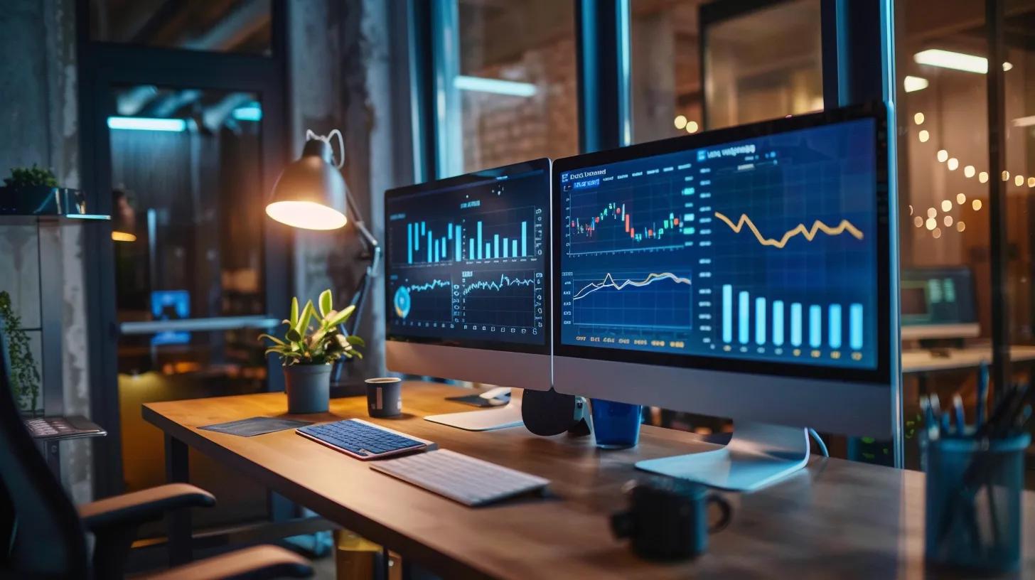 a modern office workspace featuring a sleek desk with dual computer monitors displaying contrasting graphs of google ad grants and google ads, illuminated by focused overhead lighting to emphasise the data-driven discussion.