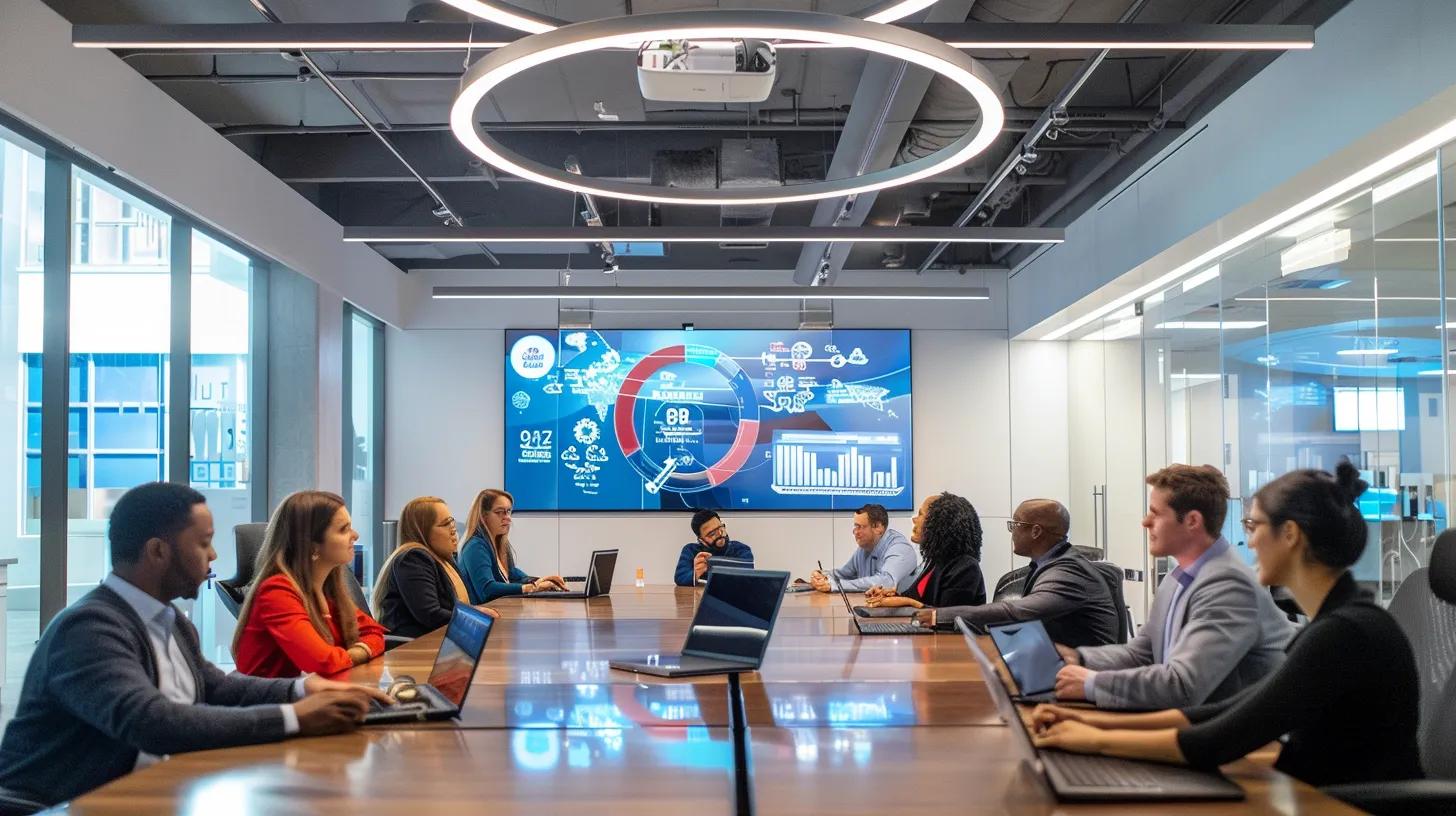 a modern, sleek office interior showcases a diverse group of engaged professionals collaborating around a large conference table, surrounded by dynamic infographics and digital displays illustrating successful non-profit grant outcomes and enhanced donor engagement strategies.
