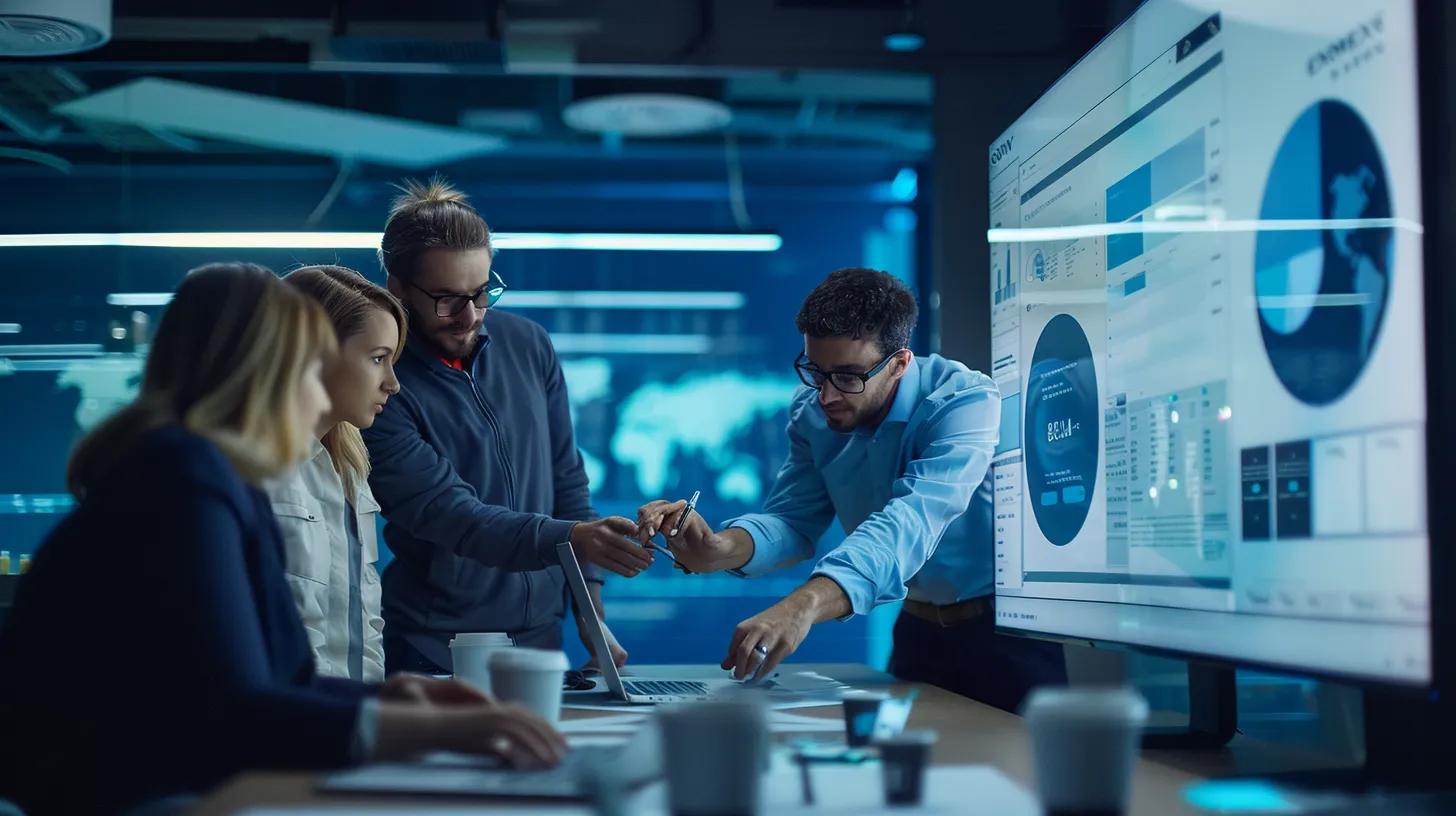 a sleek and modern office setting features a digital marketing team gathered around a large screen, intently analysing google ad grants budgets and bid strategies, illuminated by dynamic led lighting that highlights their focused expressions.