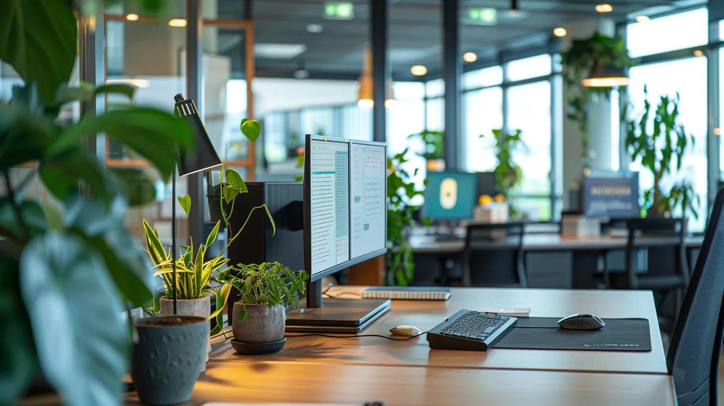 a sleek, modern office workspace filled with digital compliance documents and a glowing computer screen displaying google policy updates, symbolising the meticulous review process for maintaining eligibility for the google non-profit grant.