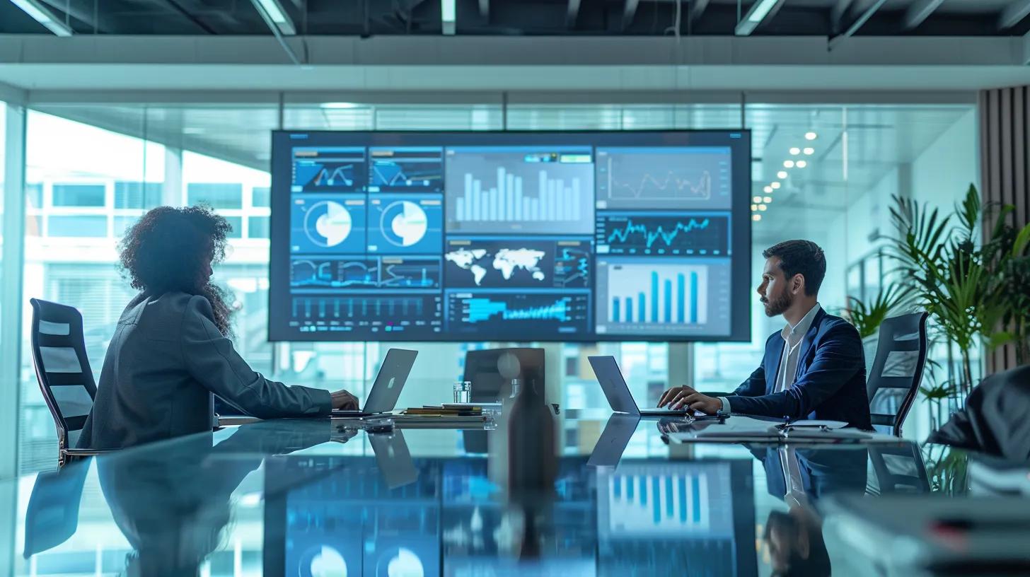 a sleek, modern office space features a large digital screen displaying detailed performance dashboards and analytics, with a professional team engaged in a focused discussion around a glossy conference table, embodying the essence of transparency and strategic planning in campaign management.