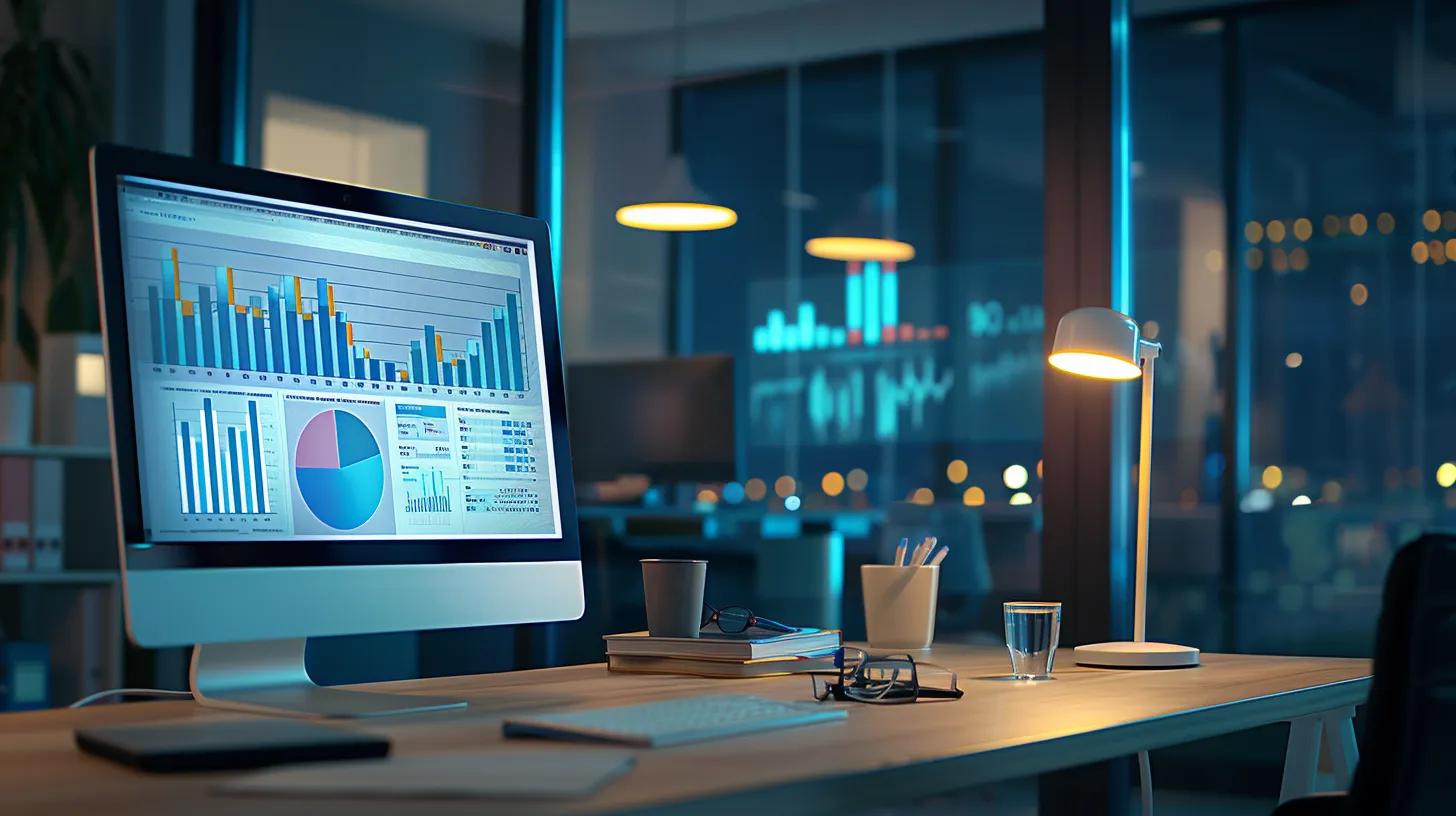 a sleek, modern office space features a computer screen displaying colourful graphs and analytics of a digital marketing campaign, illuminated by soft task lighting, highlighting the strategic management of google ads.