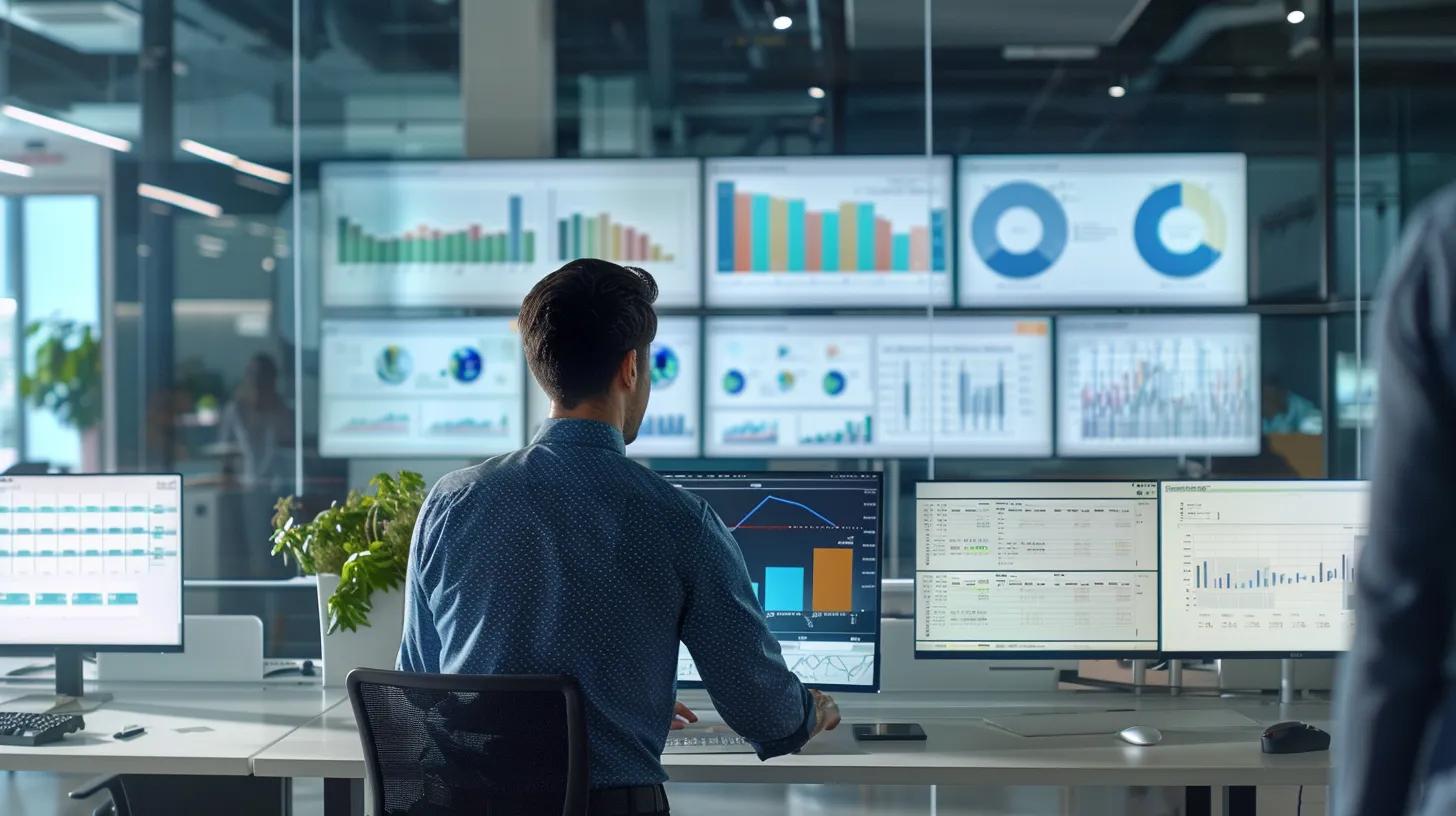 a sleek office space features a professional analysing vibrant analytics dashboards on multiple screens, illustrating the dynamic tracking of google ad grant performance with a clear focus on data-driven decisions.