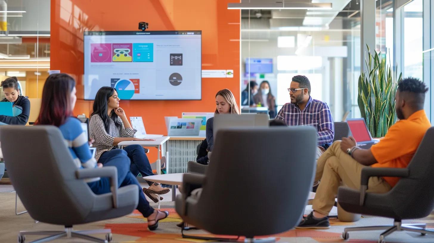 a vibrant office environment showcases a diverse group of non-profit professionals engaged in a dynamic brainstorming session, surrounded by digital displays illustrating google ad grants' impact on their fundraising efforts.