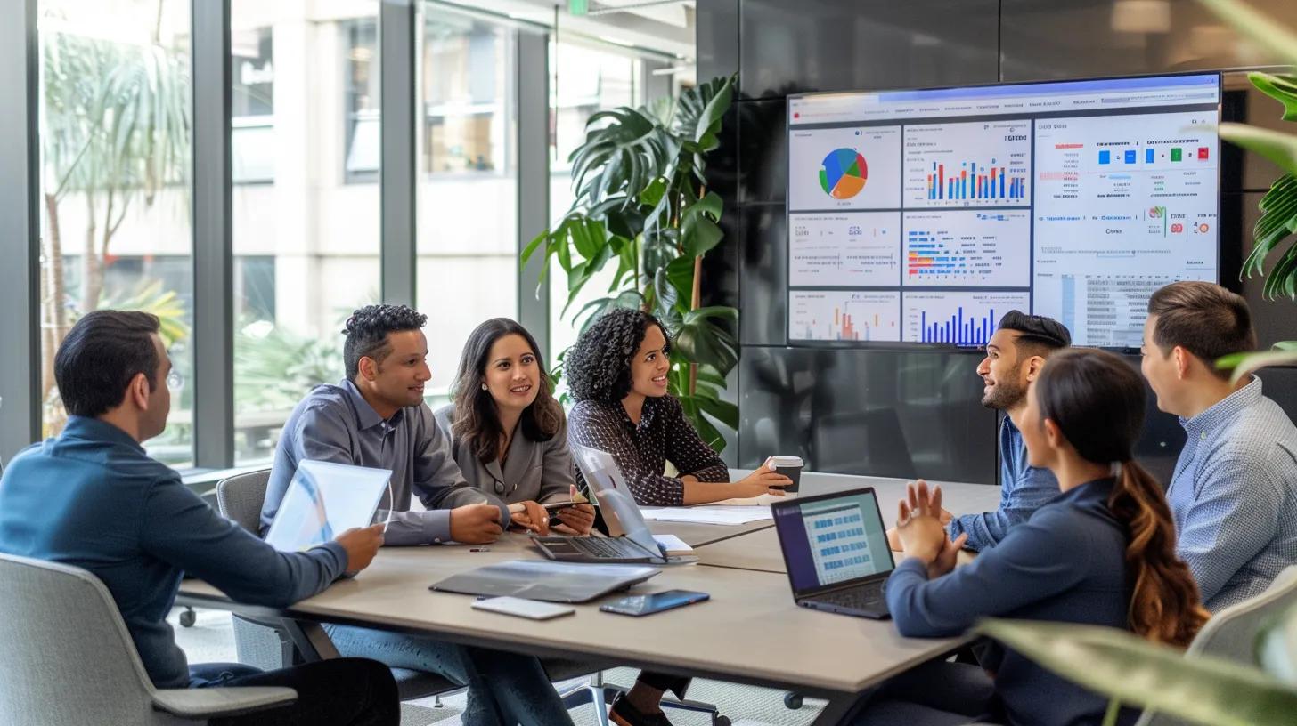 a vibrant office scene showcases a nonprofit team gathered around a sleek conference table, animatedly discussing digital strategies with a large screen displaying google's ad grants dashboard, highlighting a dynamic flow of traffic and engagement metrics.