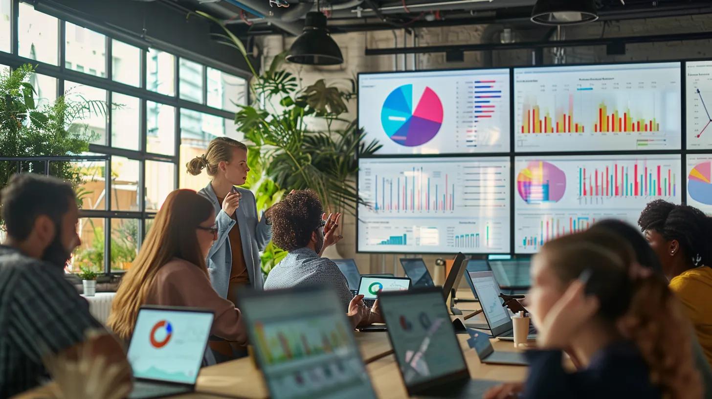 a vibrant office setting showcasing a team of diverse professionals collaboratively analysing data on large screens, surrounded by charts and graphs that illustrate successful google ad campaigns and their impact on community engagement.
