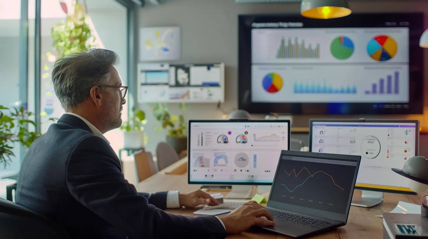 a visually engaging office scene depicts a focused professional analysing two contrasting digital marketing strategies on sleek laptops, with a large infographic on the wall highlighting the key differences between google ad grants and google ads.